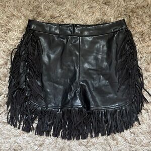 Black Fringe Faux Leather Shorts